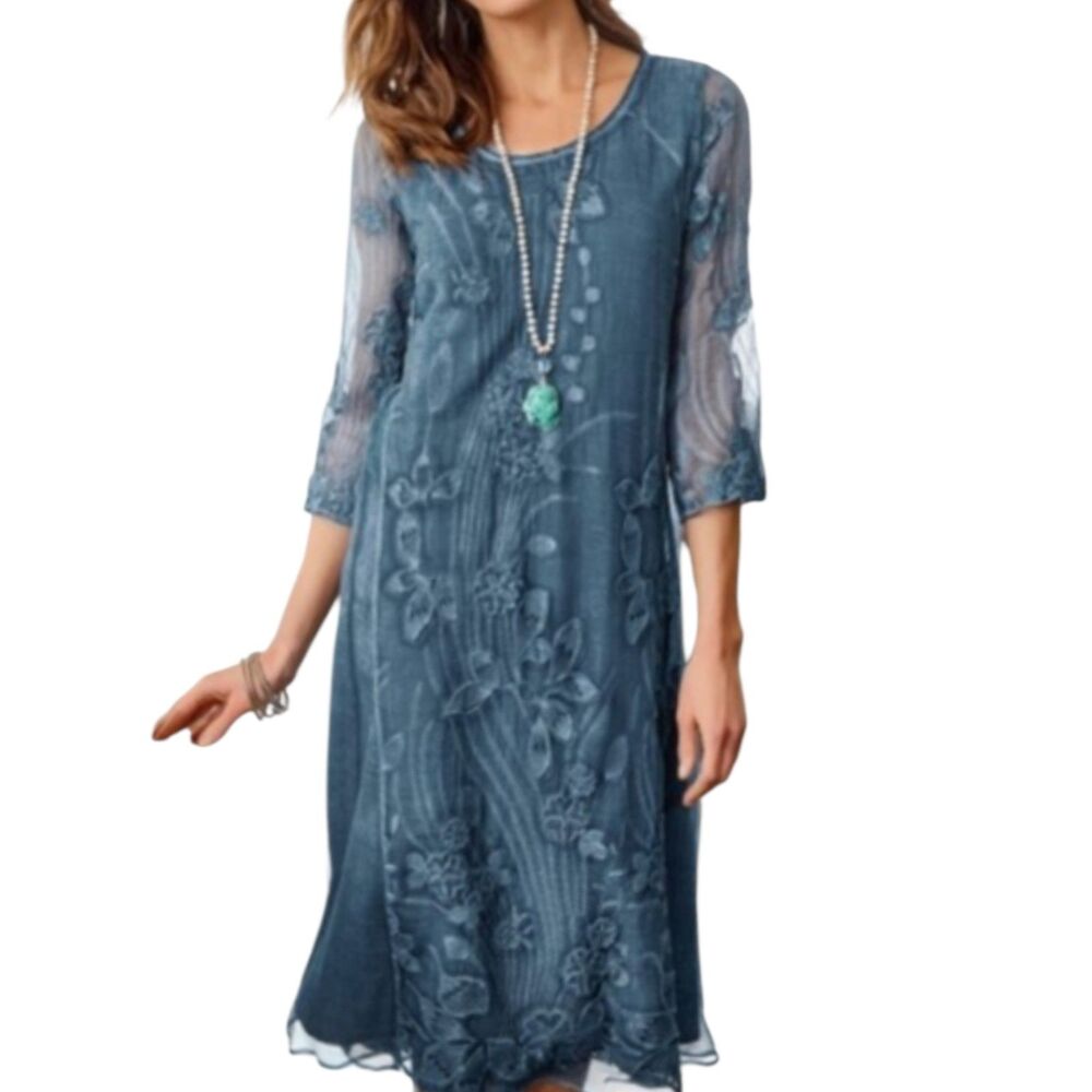 Soft Surroundings Blue Starling Silk Embroidered Boho Sz L
